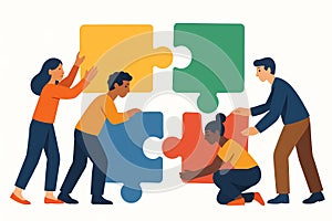 Flat vector characters assembling giant puzzle pieces together, teamwork concept, isolated on white