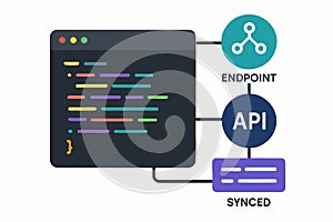 Flat vector code editor showing connected endpoints and synced modules, backend API integration, isolated
