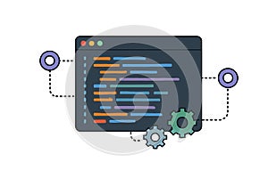 Flat vector code editor showing connected endpoints and synced modules, backend API integration, isolated