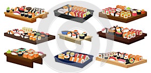 Flat vector collection of plates with sushi rolls. Traditional Asian food. Japanese cuisine