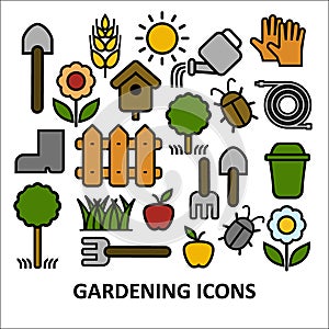Flat vector colorful icon set gardening and farming
