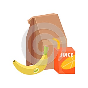 Flat vector composition of school lunch. Paper bag, ripe banana and box of juice with drinking straw. Healthy eating