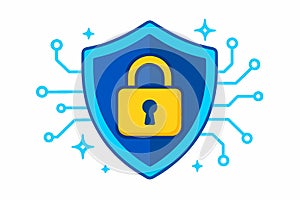 Flat vector concept of digital security with shield, lock, and glowing lines, isolated on white