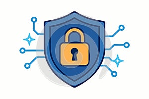 Flat vector concept of digital security with shield, lock, and glowing lines, isolated on white