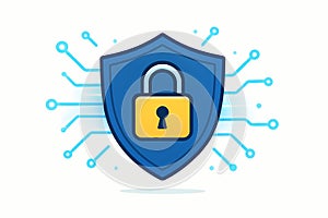 Flat vector concept of digital security with shield, lock, and glowing lines, isolated on white