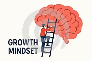 Flat vector concept of growth mindset with brain, ladder, and tiny person climbing, isolated on white