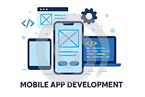 Flat vector concept of mobile app development with wireframe, code window, and devices, isolated on white
