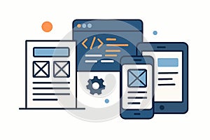 Flat vector concept of mobile app development with wireframe, code window, and devices, isolated on white