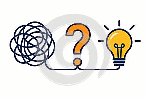Flat vector concept of problem solving with tangled line, question mark and lightbulb, isolated on white