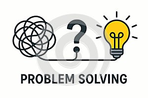 Flat vector concept of problem solving with tangled line, question mark and lightbulb, isolated on white