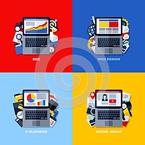 Flat vector concepts of SEO, web design, e-business, social media