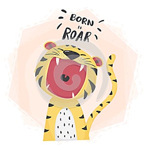 Flat vector cute tiger open mouth roar, born to roar