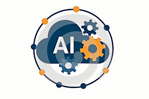 Flat vector data cloud with gears and nodes rotating, AI infrastructure metaphor, isolated on white