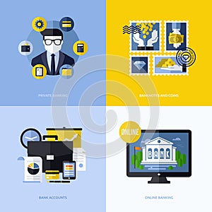 Flat vector design with banking symbols and icons