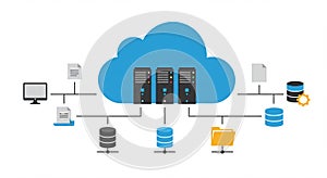Flat vector design of cloud computing concept with servers and data icons isolated on white