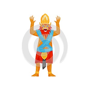 Flat vector design of dancing Barong. Scary mythical creature with sharp teeth. Travel to Bali