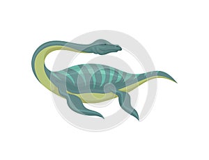 Flat vector design of mauisaurus. Sea monster with long neck and tail. Marine animal. Prehistoric underwater creature
