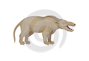 Flat vector design of mesonychia. Prehistoric beast with long tail and sharp teeth. Wild extinct animal from ice age