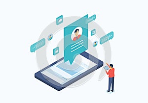 Flat vector design online communication concept with people use social media for business connection