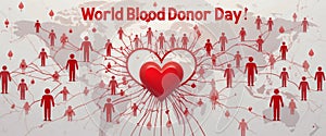 World Blood Donor Day â Red Threads Forming a Heart Connecting People on an Abstract Map in Flat Vector Style photo