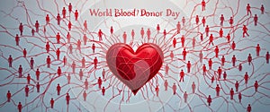 World Blood Donor Day â Red Threads Forming a Heart Connecting People on an Abstract Map in Flat Vector Style photo