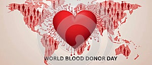 World Blood Donor Day â Red Threads Forming a Heart Connecting People on an Abstract Map in Flat Vector Style photo