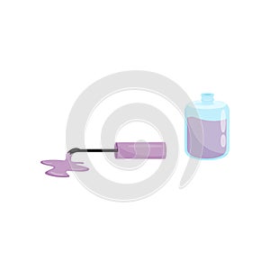 Flat vector design of small glass bottle and brush with spilled purple nail polish. Cosmetic product. Beauty theme