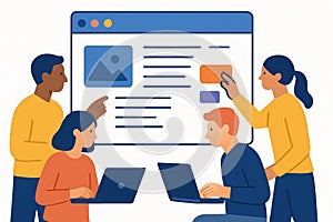 Flat vector designers and developers working on same project board, flat modern UI style, isolated on white