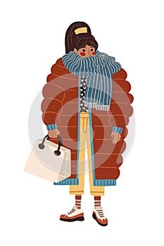 flat vector diverse winter fashion woman illustration puffer jacket female cartoon character diversity latin girl illustration