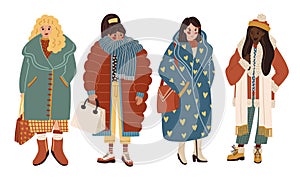 flat vector diverse winter fashion women illustration female cartoon characters diversity puffy jacket coat winter fashion