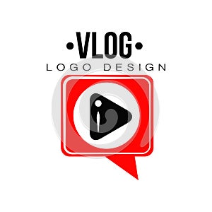 Flat vector emblem with black play button in red speech bubble. Videoblogging concept. Geometric logo for video channel
