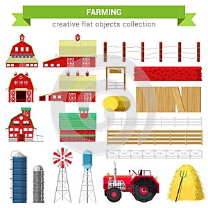 Flat vector farm agriculture: farming tools, building, tractor