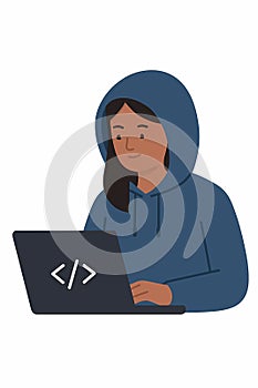 Flat vector female coder with hoodie and laptop, flat tech style, isolated on white