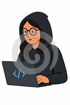 Flat vector female coder with hoodie and laptop, flat tech style, isolated on white