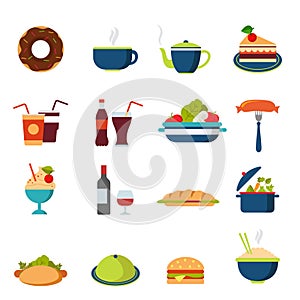 Flat vector food icons: menu, drink, restaurant, burger, bakery