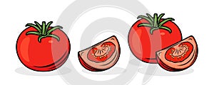 Flat Vector Fresh Tomato Icon Set Isolated. Whole and Quartered Tomatoes Design Templates for Recipes, Menus, Culinary