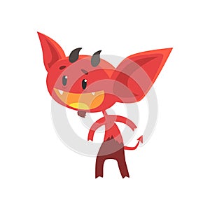 Flat vector of funny little devil with interested facial expression isolated on white. Comic fictional demon character