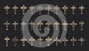 Flat Vector Golden Christian Cross Icons Set. Line Silhouette Cut Out Christian Crosses Collection