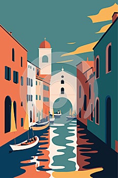 Flat vector gondola venice grand canal italy city attraction background