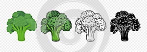 Flat Vector Green Broccoli Icon Set. Design Template of Fresh Cartoon Broccoli, Detailed Vector Illustration