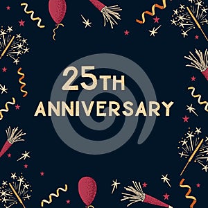 Flat vector greeting card. Text 25th anniversary.