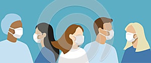 Flat vector group of doctors and nurses with protective masks and uniforms