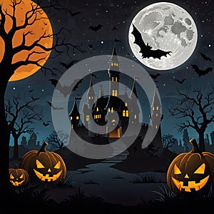 Flat Vector Halloween Background Spooky Castle with Pumpkins and Bats
