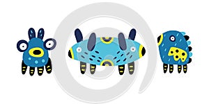 Flat vector hand-drawn kids illustration of fantastic magical monsters or animals for greeting cards, social networks, backgrounds