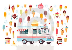 Flat vector ice cream icons and ice cream truck.