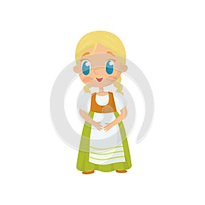 Flat vector icon of adorable girl with blond hair and blue eyes wearing fancy Bavarian dress. Costume for masquerade or