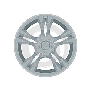 Flat vector icon of alloy wheel. Gray car disk. Element for advertising banner or poster of auto shop