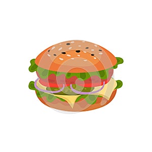 Flat vector icon of appetizing sandwich. Tasty burger. Street fast food. Element for cafe or restaurant menu