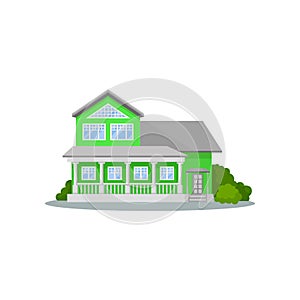 Flat vector icon of beautiful three-storey house with terrace. Cozy family home surrounded by green bushes. Residential