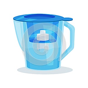 Flat vector icon of blue glass water pitcher with purifier cartridge and handle. Transparent filter jug. Kitchen utensil